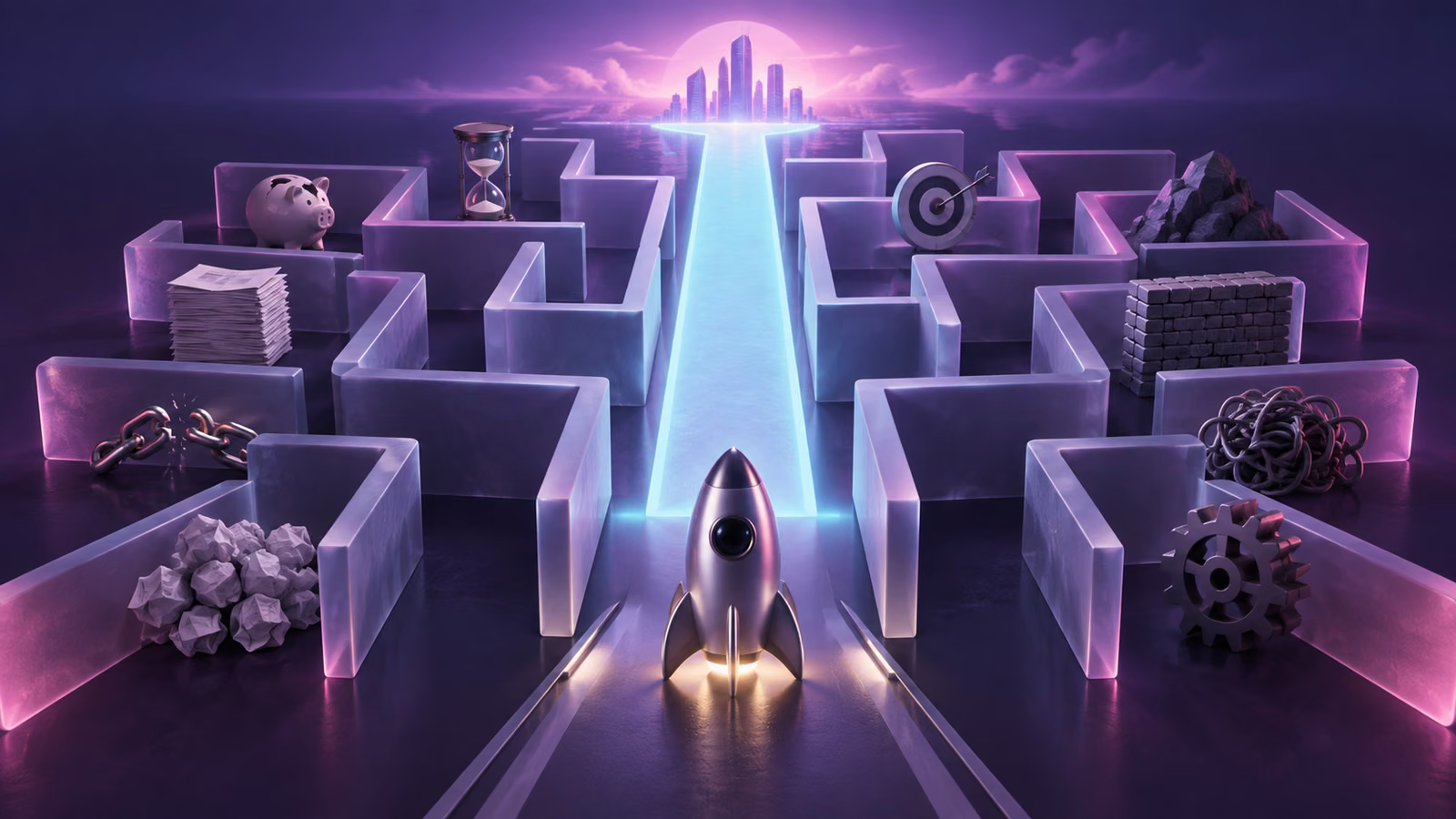 A rocket facing obstacles in a business planning maze