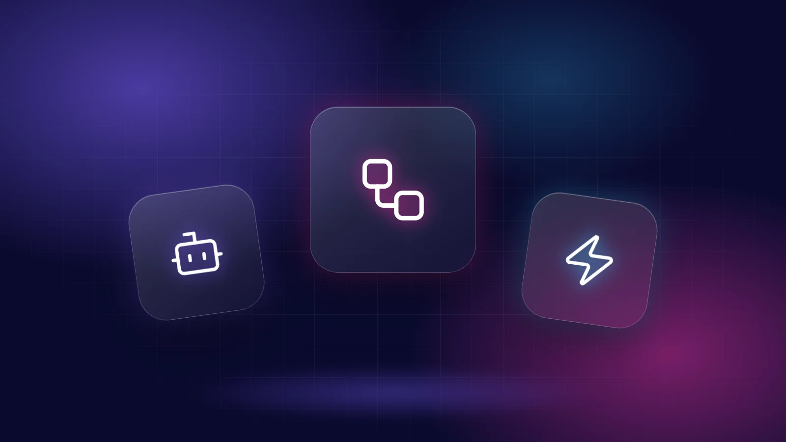 Glass tiles with a robot, a connected workflow and a lightning bolt, illustrating AI automation for small business