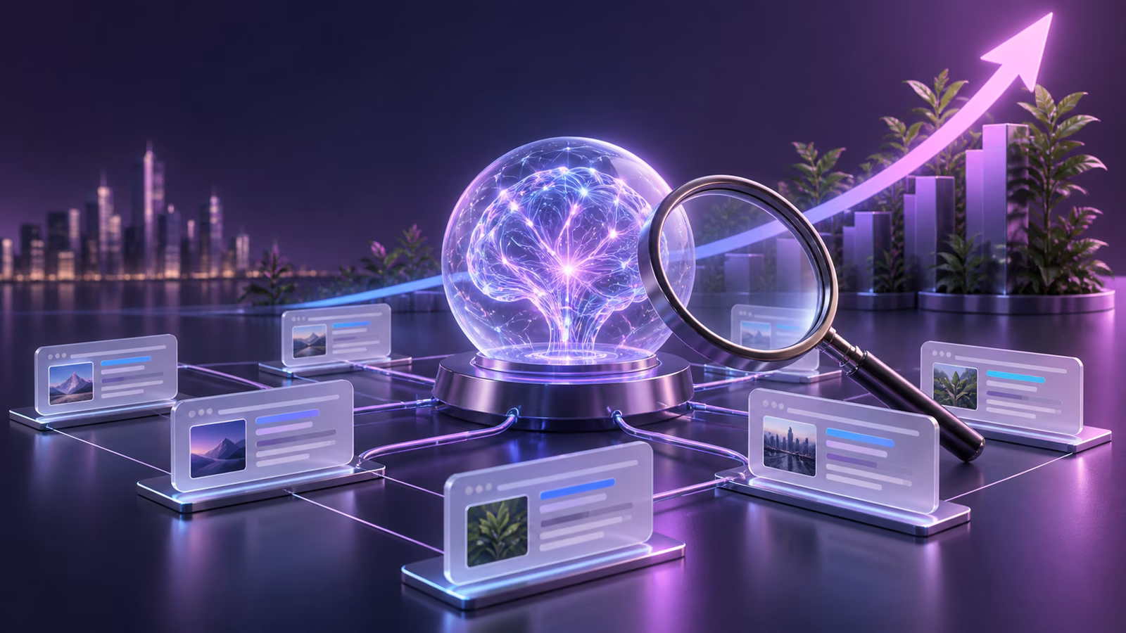 An AI core connecting search pages and a rising growth curve