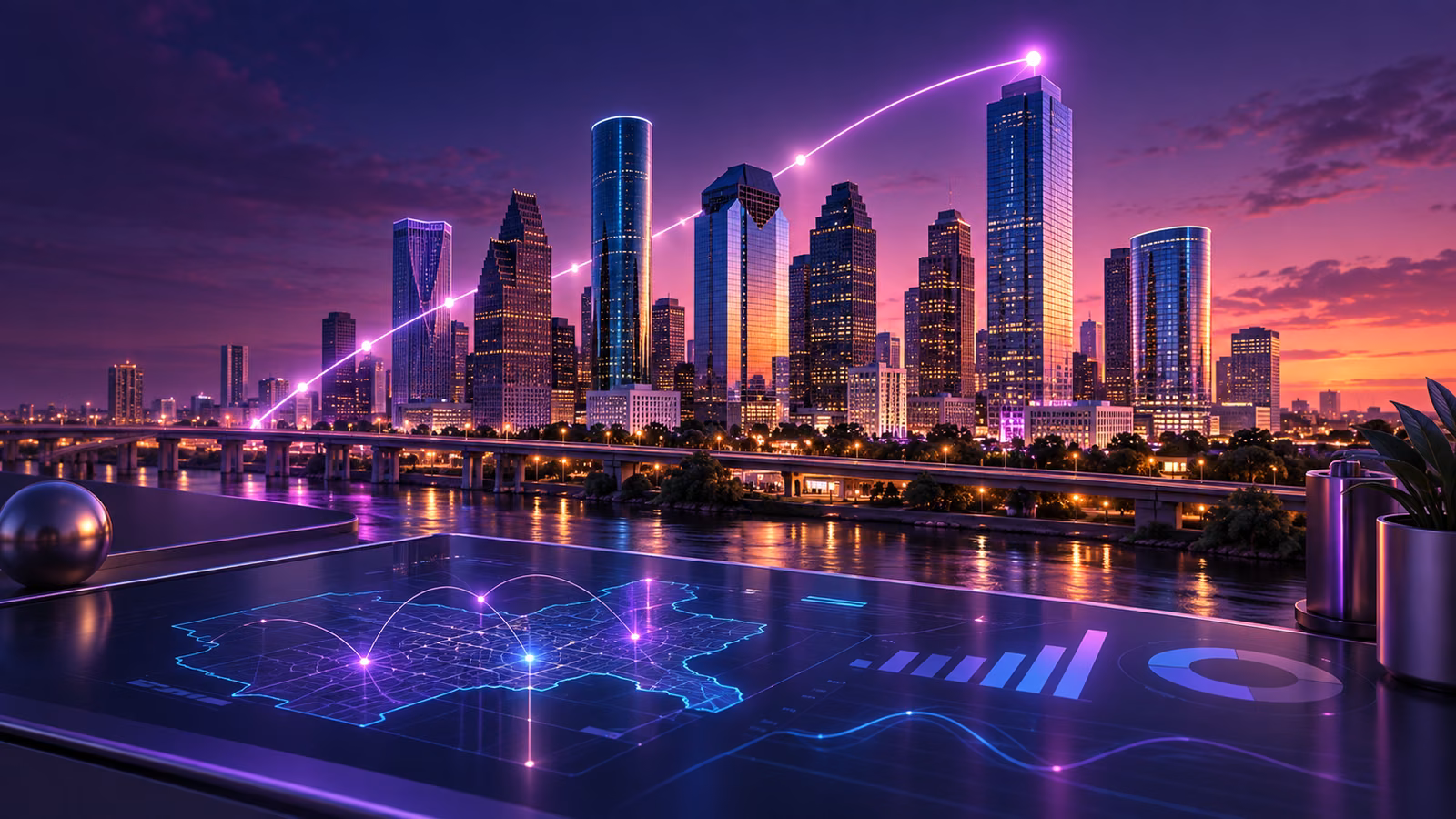 Houston skyline with a digital growth chart