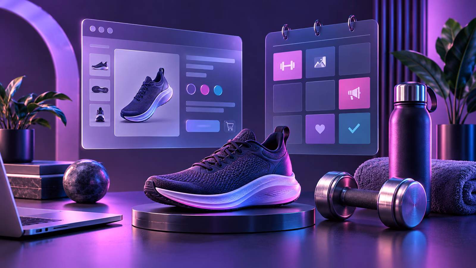 Fitness products beside an ecommerce page and content calendar