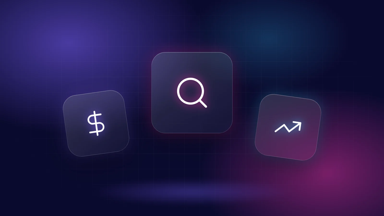 Glass tiles with a dollar sign, a search lens and a rising chart, illustrating SEO costs for a small business