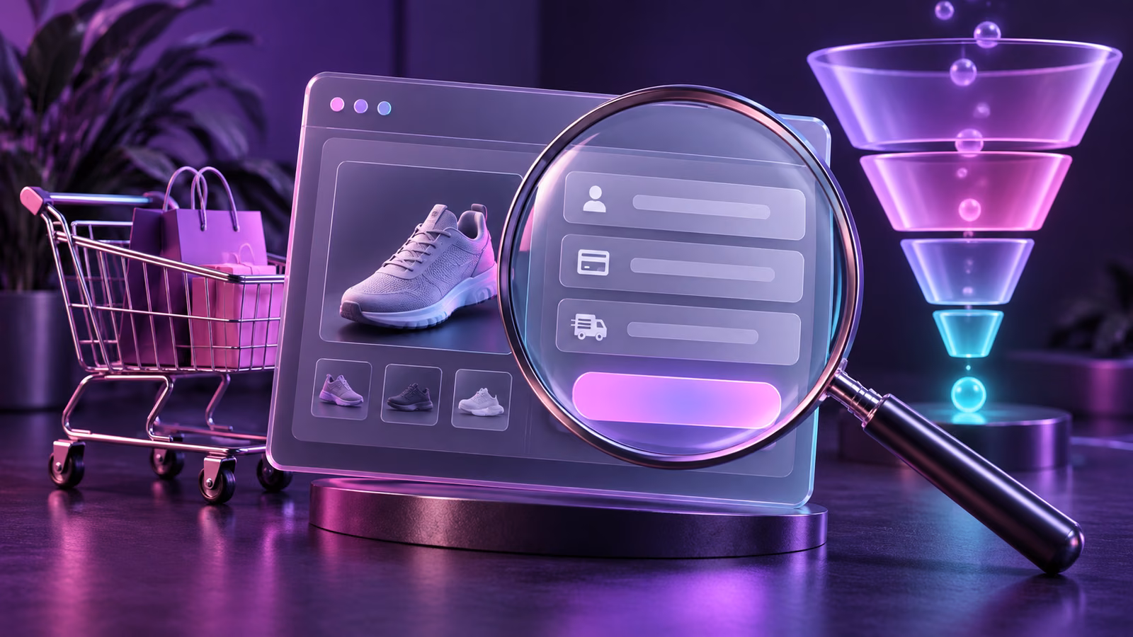 A magnifying glass inspecting an ecommerce checkout and funnel