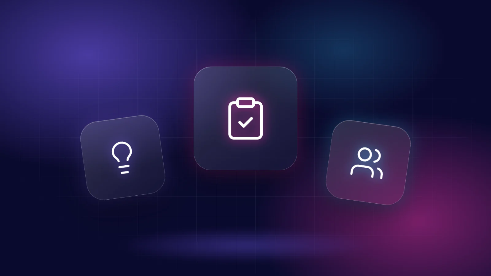 Glass tiles with a lightbulb, a checked clipboard and a customer group, illustrating startup idea validation