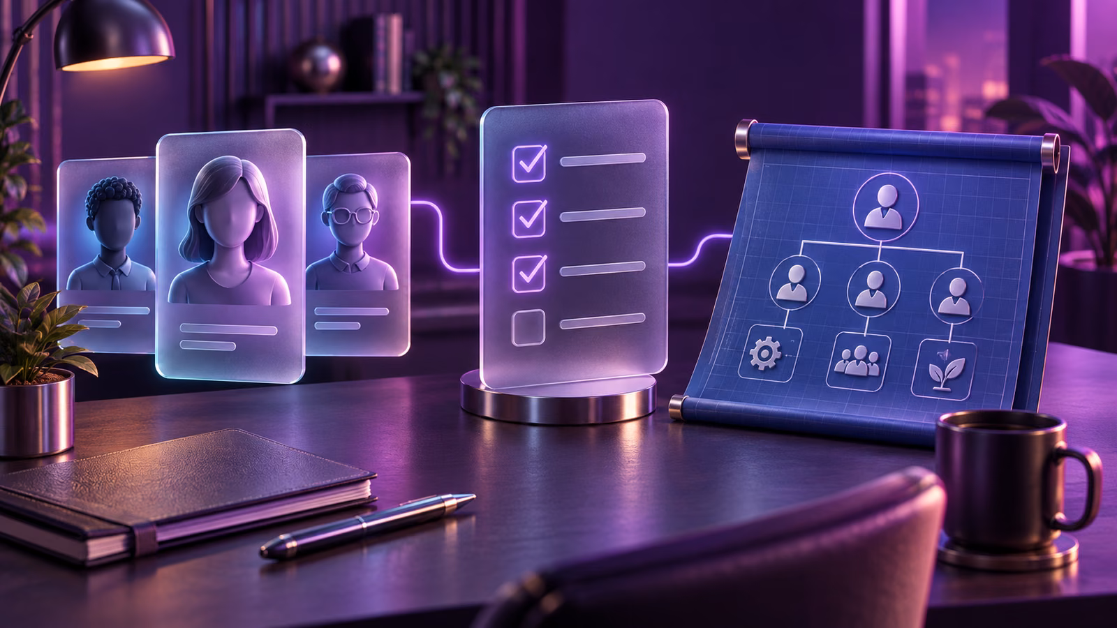 Employee profiles and an onboarding checklist on a consulting desk