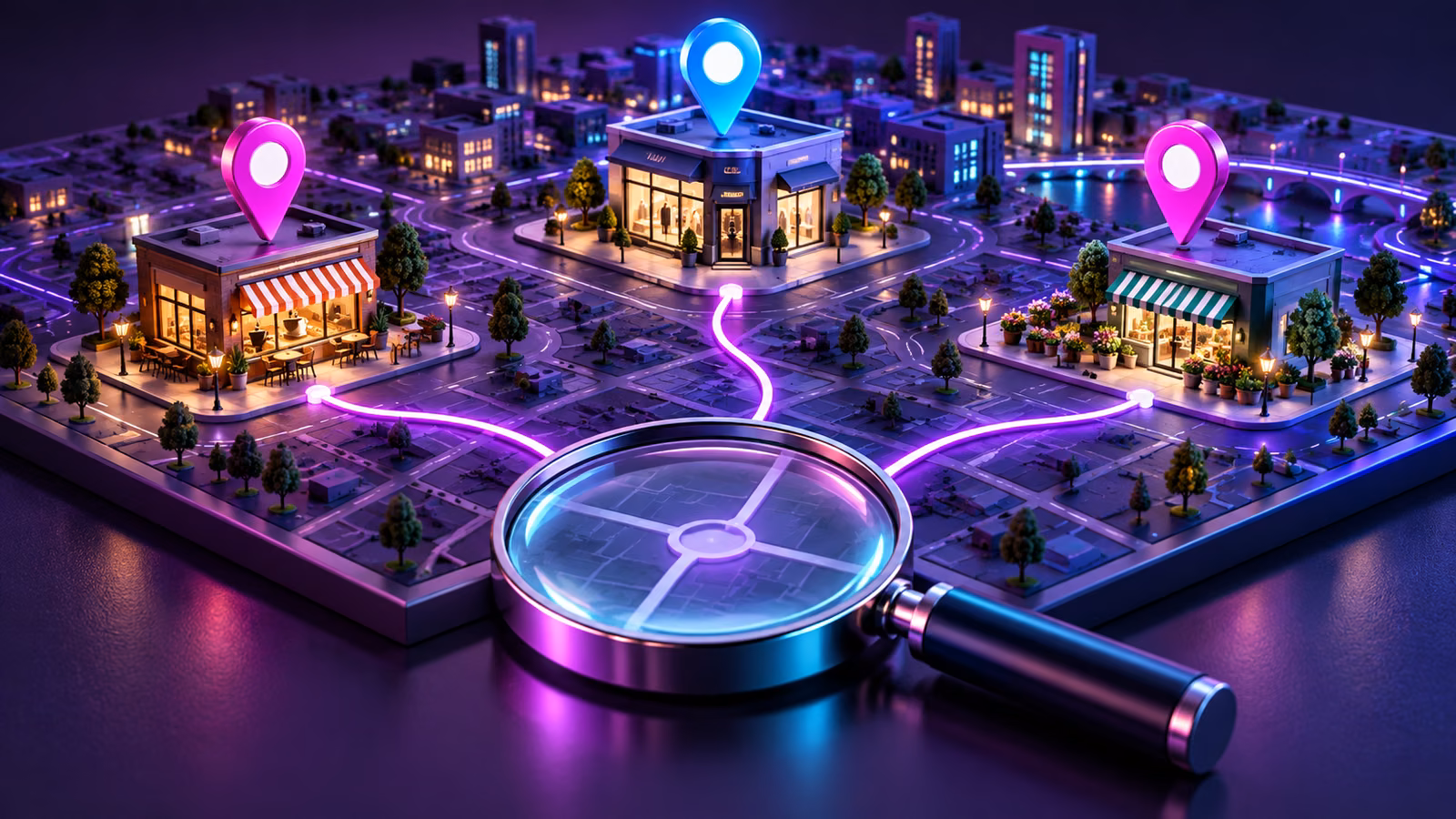 Storefronts and location pins connected across a city map