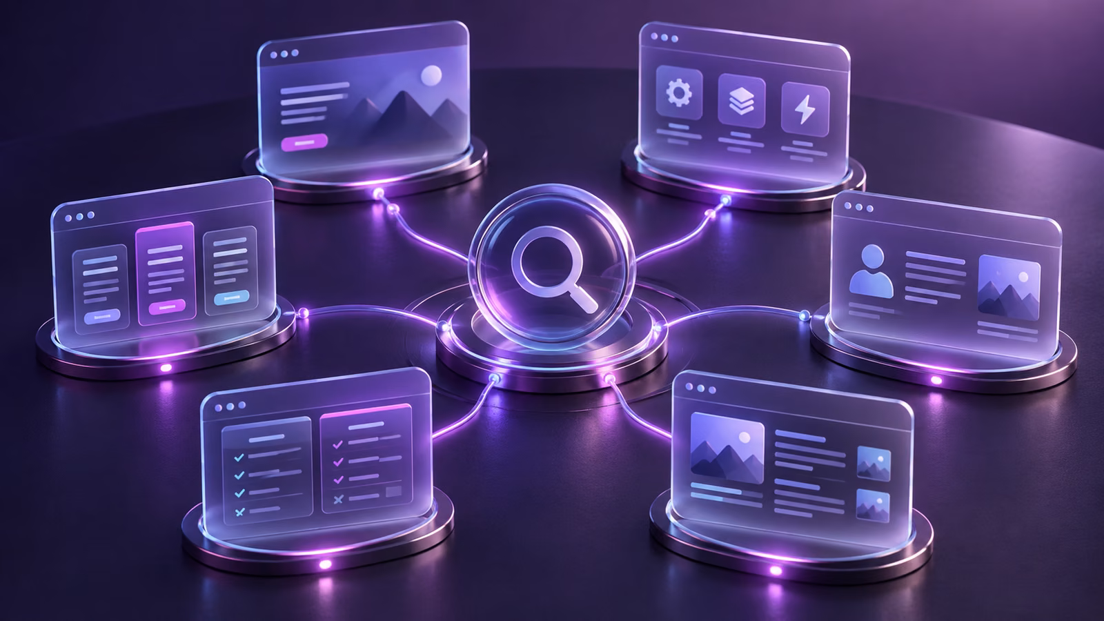 Six SaaS page types connected around a central search lens