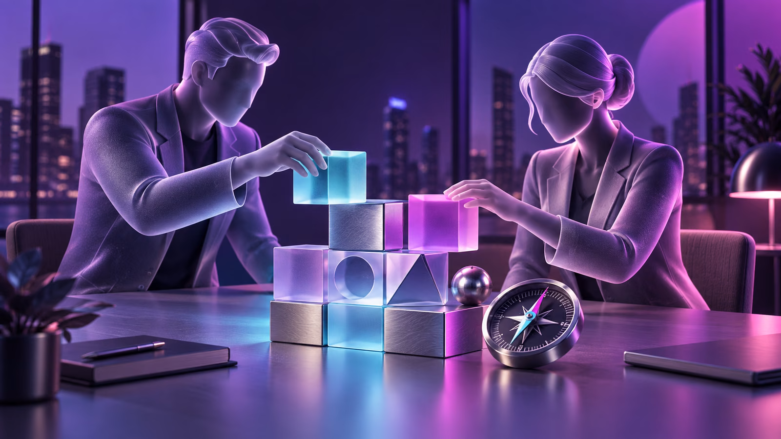 A founder and advisor arranging a business model together