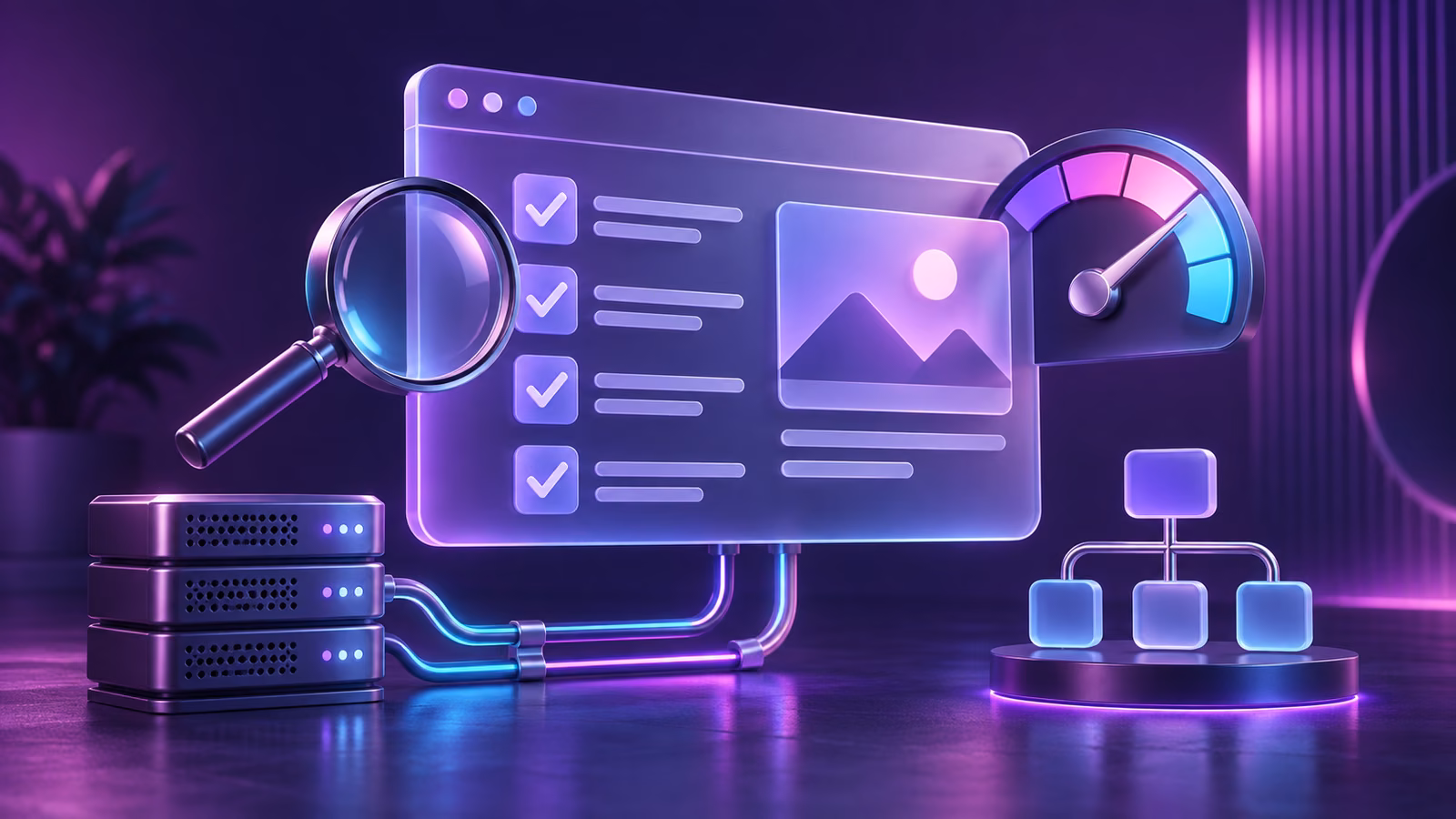 A website audit checklist with a speed gauge and sitemap