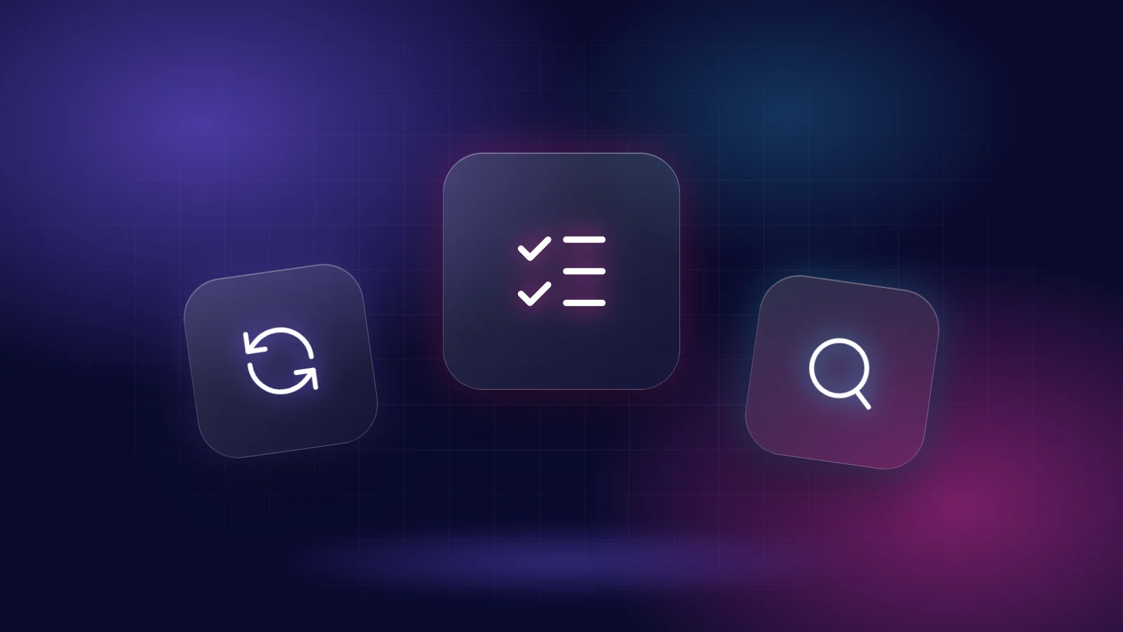 Glass tiles with a refresh arrow, a checklist and a search lens, illustrating a website redesign SEO checklist
