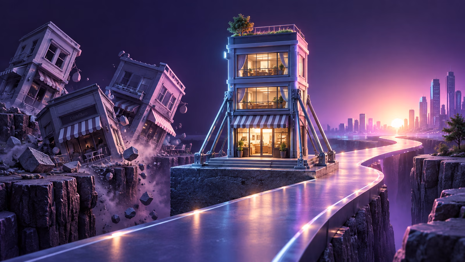 A resilient business tower beside unstable startup structures