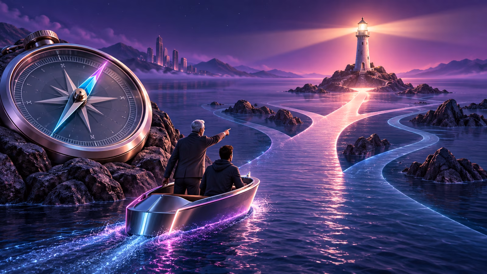 A startup vessel guided through choices by an advisor's compass